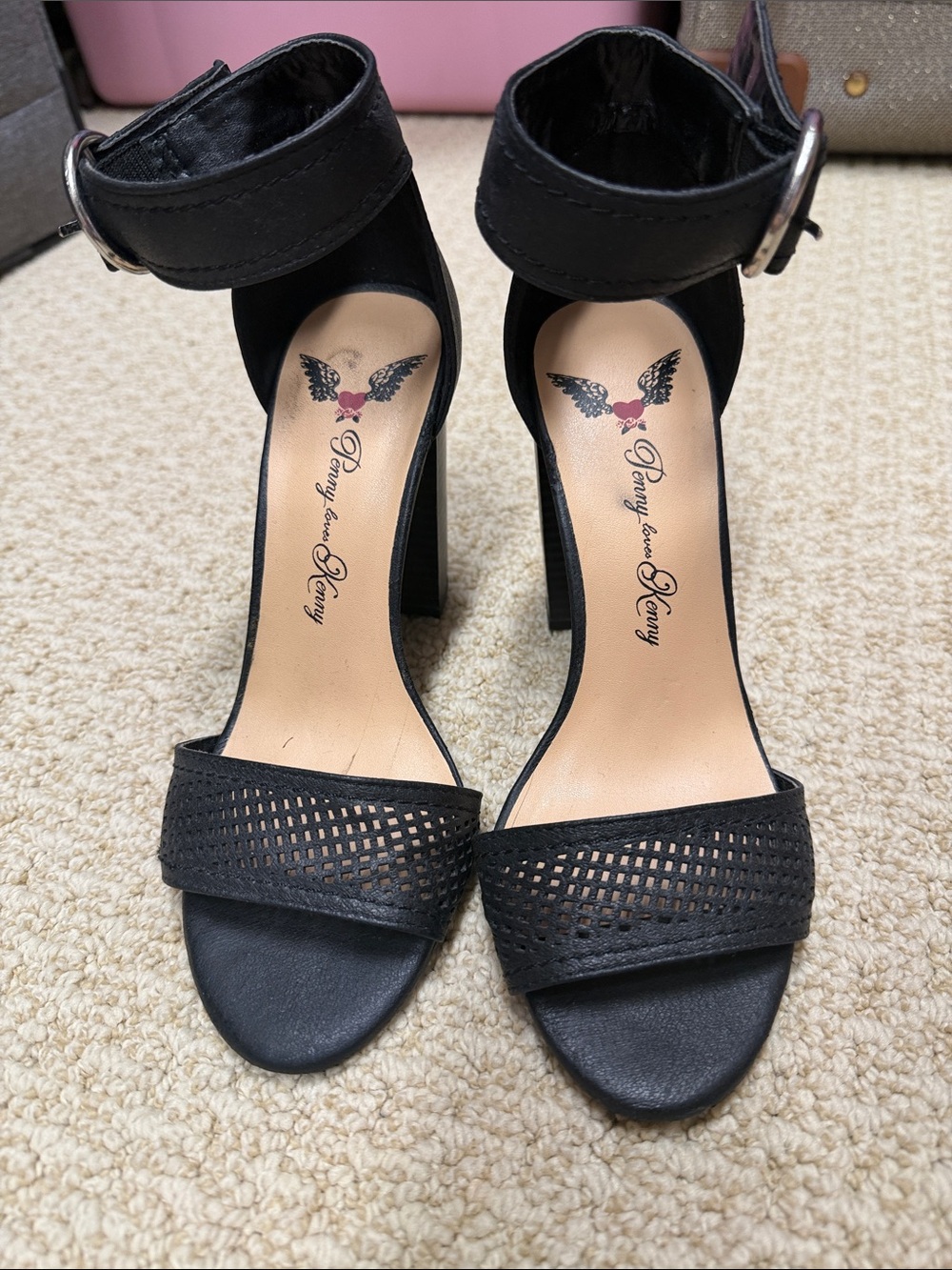 Penny Loves Kenny Black Perforated Ankle-Strap Block Heels